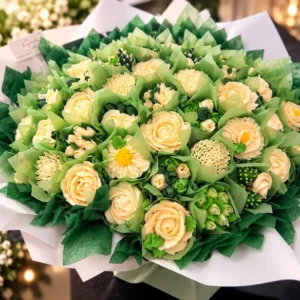 Bouquet de cupcakes décorés de fleurs en crème ivoire et vert