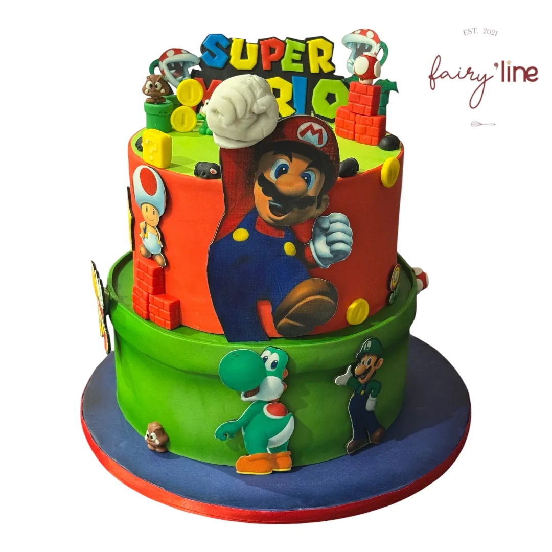 Gâteau d'anniversaire Super Mario à deux étages en pâte à sucre