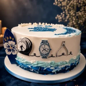 Gâteau d'anniversaire sur le thème du surf, planche et vagues bleues