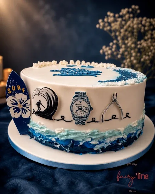 Gâteau d'anniversaire sur le thème du surf, planche et vagues bleues