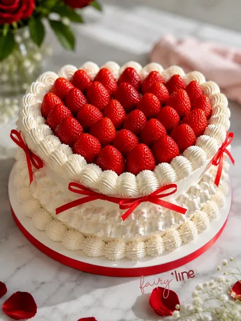 Gâteau en forme de cœur à la crème blanche garni de fraises