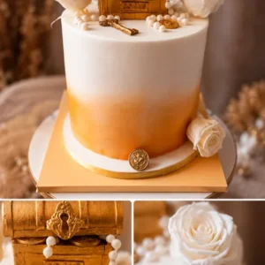 Gâteau blanc et or surmonté d'un coffre au trésor doré et de roses blanches