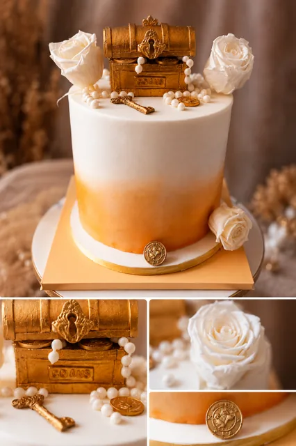 Gâteau blanc et or surmonté d'un coffre au trésor doré et de roses blanches