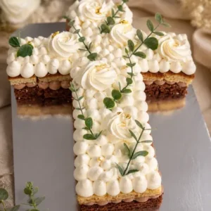 Letter cake en forme de croix, crème blanche, roses et eucalyptus