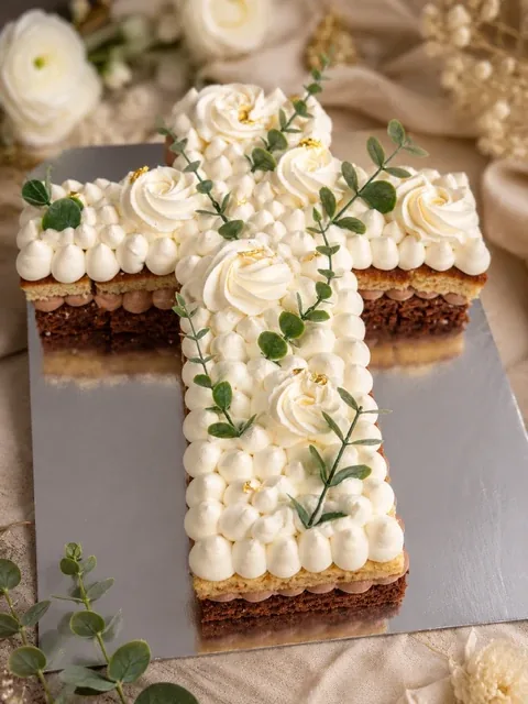 Letter cake en forme de croix, crème blanche, roses et eucalyptus