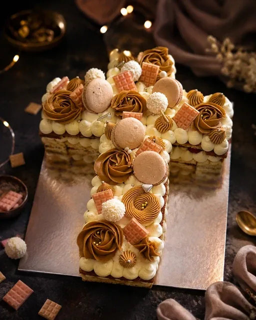 Letter cake lettre F au caramel, macarons et carrés de chocolat