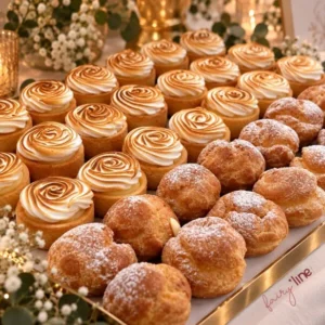 Plateau de tartelettes meringuées et de choux au sucre glace