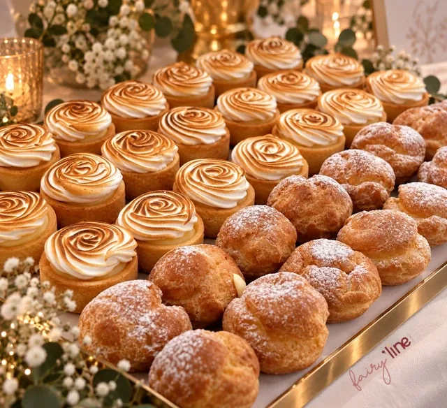 Plateau de tartelettes meringuées et de choux au sucre glace