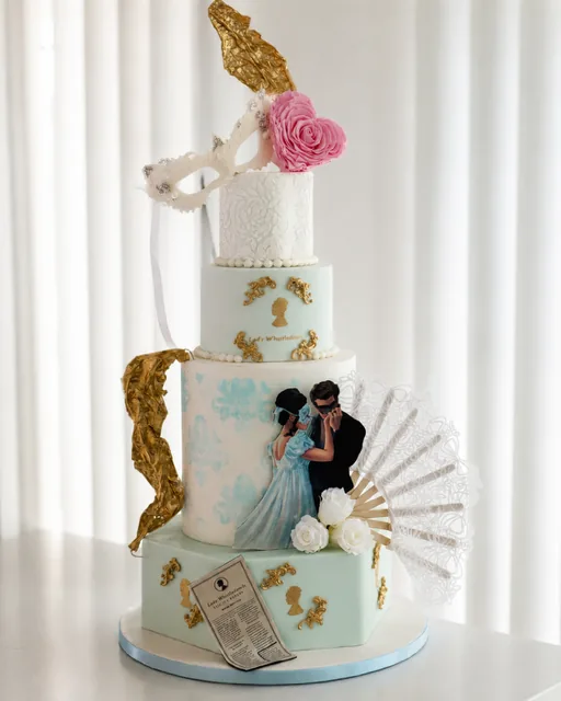Wedding cake Bridgerton bleu pâle, éventail en wafer paper et loup de bal