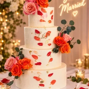 Wedding cake de quatre étages blanc, pétales corail et roses orange