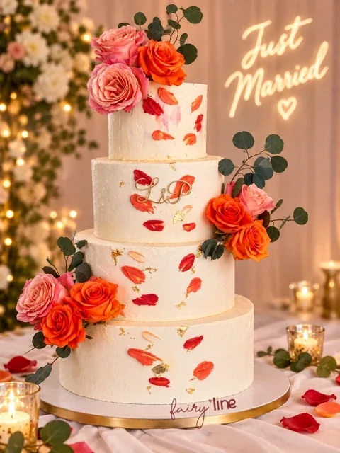 Wedding cake de quatre étages blanc, pétales corail et roses orange