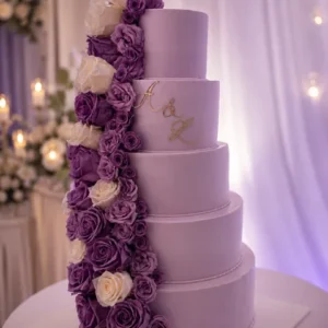 Wedding cake de cinq étages lilas avec une cascade de roses violettes