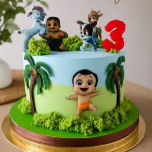Gâteau bleu et vert Mighty Little Bheem avec chiffre 3