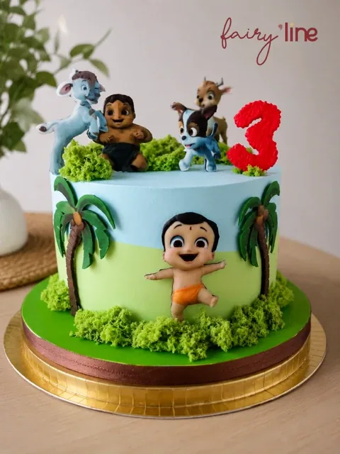 Gâteau bleu et vert Mighty Little Bheem avec chiffre 3