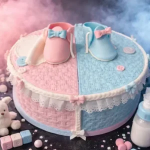 Gâteau baby shower rose et bleu effet tricot avec chaussons en pâte à sucre