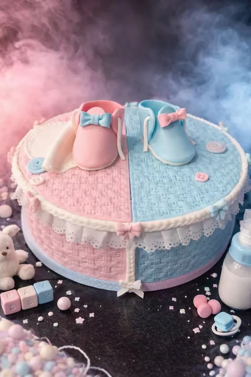 Gâteau baby shower rose et bleu effet tricot avec chaussons en pâte à sucre