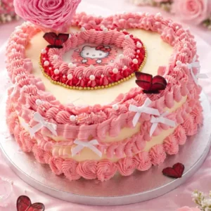 Gâteau cœur vintage rose, décor Hello Kitty, nœuds blancs et perles