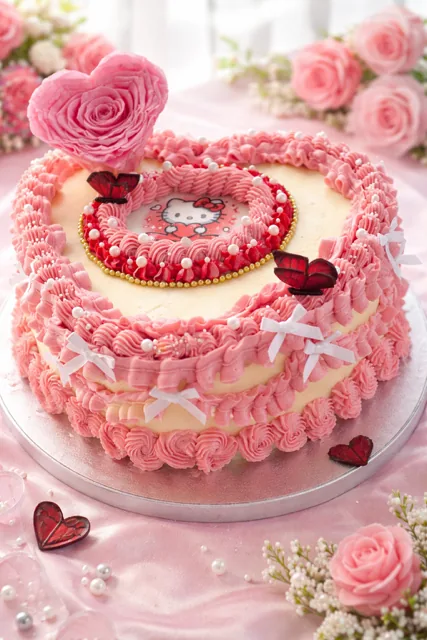 Gâteau cœur vintage rose, décor Hello Kitty, nœuds blancs et perles