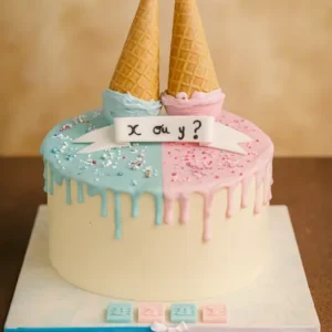 Gâteau gender reveal, coulures bleues et roses, cônes de glace renversés