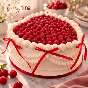 Gâteau vintage à la crème blanche garni de framboises, rubans rouges