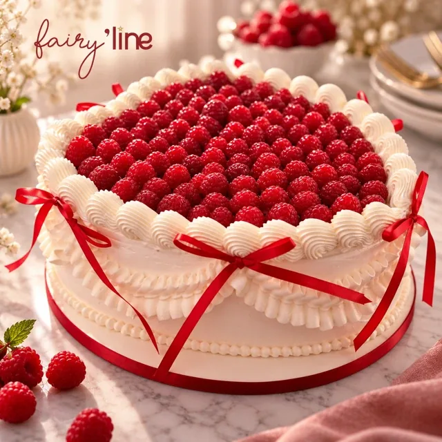 Gâteau vintage à la crème blanche garni de framboises, rubans rouges