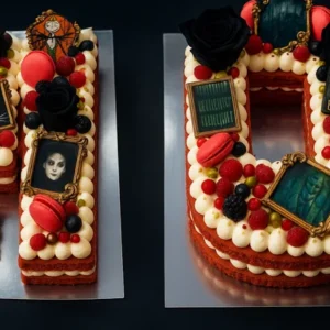 Number cake 10 rouge et blanc, cadres dorés, roses noires et macarons rouges