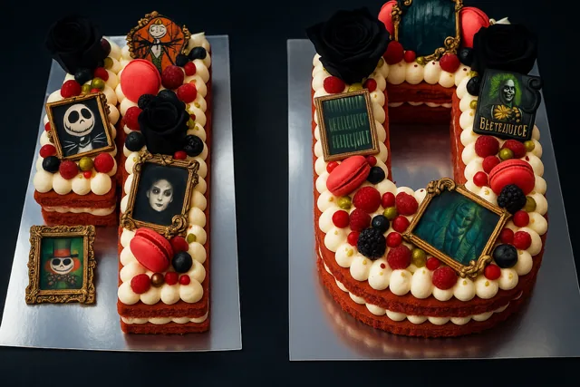 Number cake 10 rouge et blanc, cadres dorés, roses noires et macarons rouges