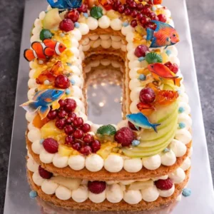 Number cake chiffre 0 décor poissons du Monde de Nemo et fruits frais