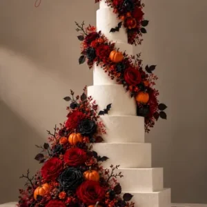 Pièce montée blanche de sept étages, roses rouges et noires, citrouilles