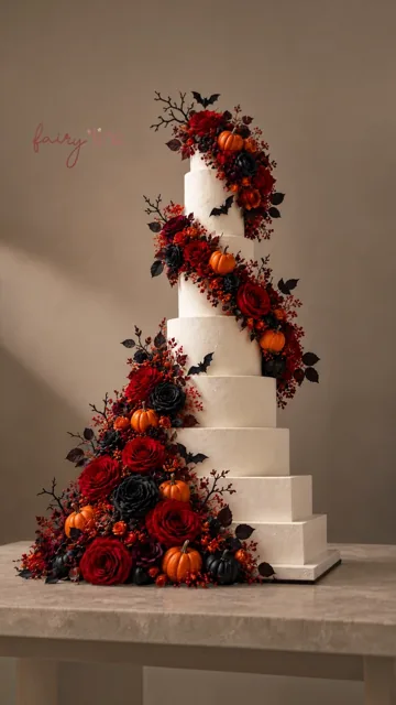 Pièce montée blanche de sept étages, roses rouges et noires, citrouilles