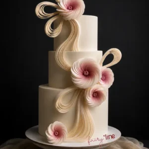 Wedding cake ivoire de trois étages, rubans dorés et fleurs en sucre