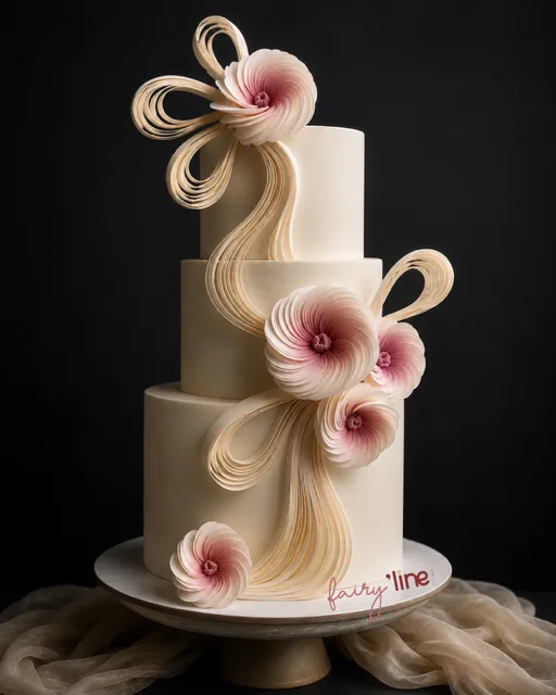 Wedding cake ivoire de trois étages, rubans dorés et fleurs en sucre